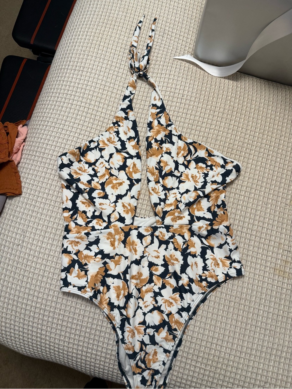 Floral One-Piece Swimsuit in Navy and Tan